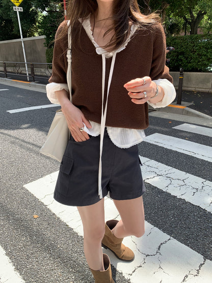 [PRE-ORDER] WOOD V-NECK KNIT & DOVE FRILL BLOUSE SET